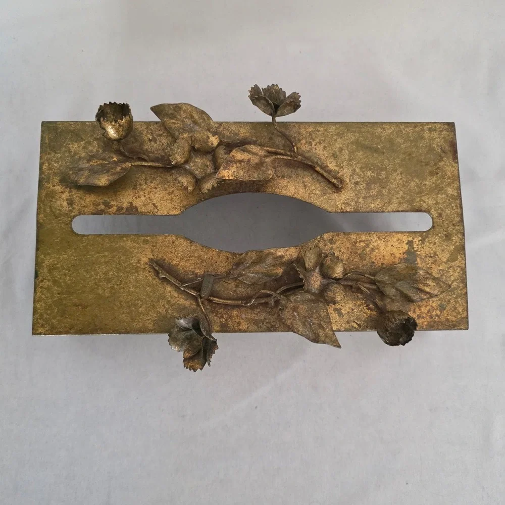 VTG Ornate Gilt Metal Tissue Box Cover Gold Tone Hollywood Regency Floral. Italy